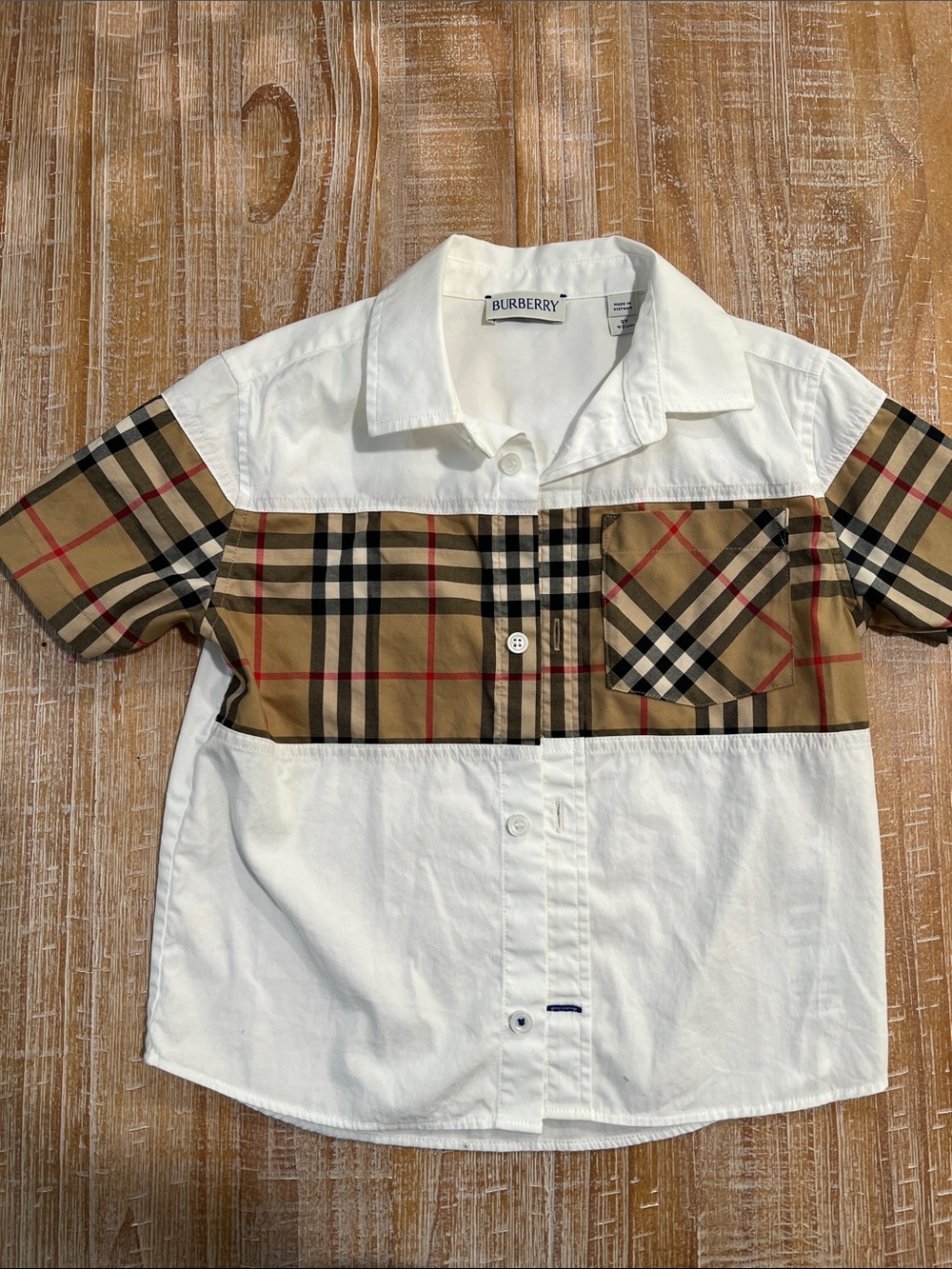 Burberry Kids White Shirt with Beige Vintage Check Panel